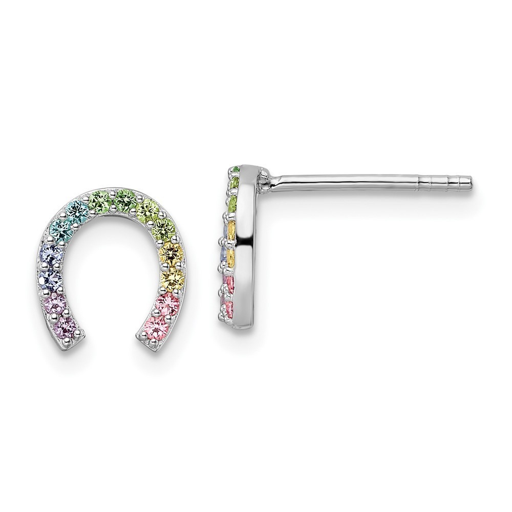 925 Sterling Silver RH-plated Rainbow Crystal Equestrian Horseshoe Post Earrings